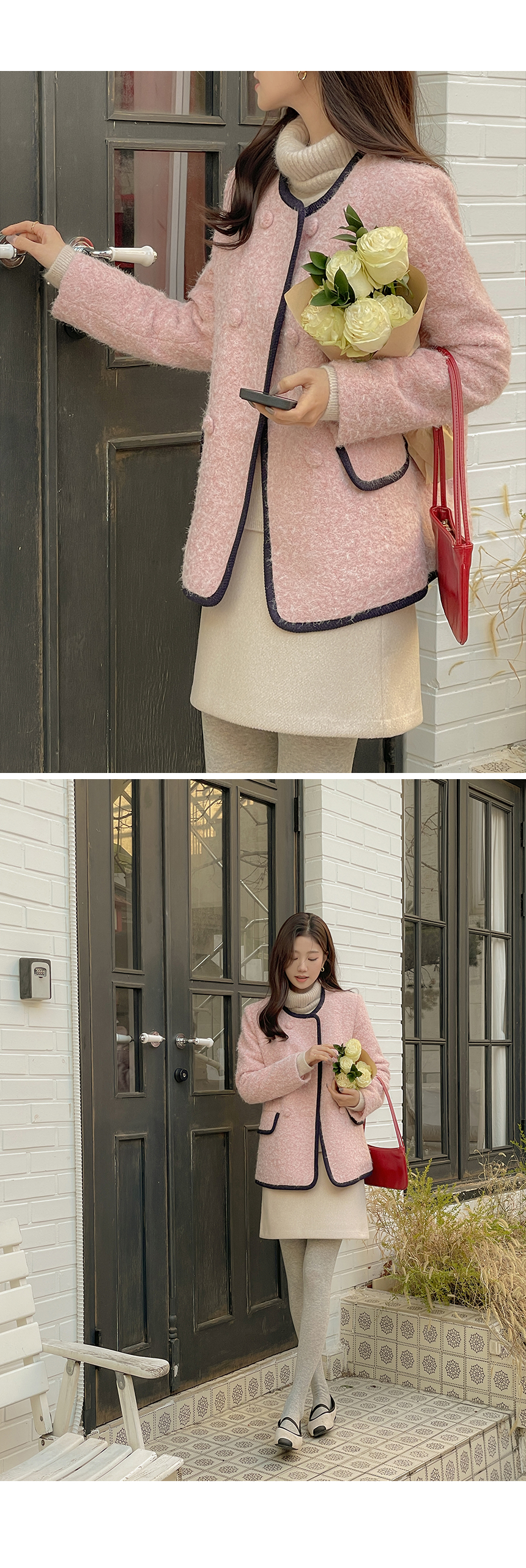 스노우 배색 라인 부클 누빔 하프 코트 상세 이미지 6