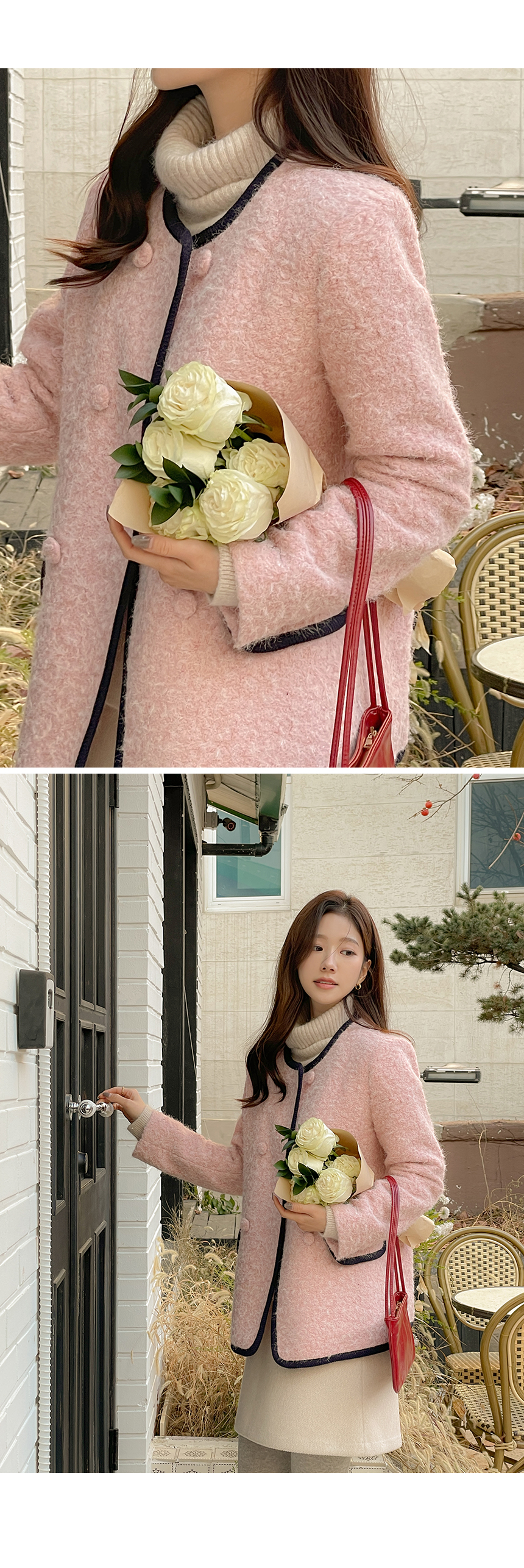스노우 배색 라인 부클 누빔 하프 코트 상세 이미지 15