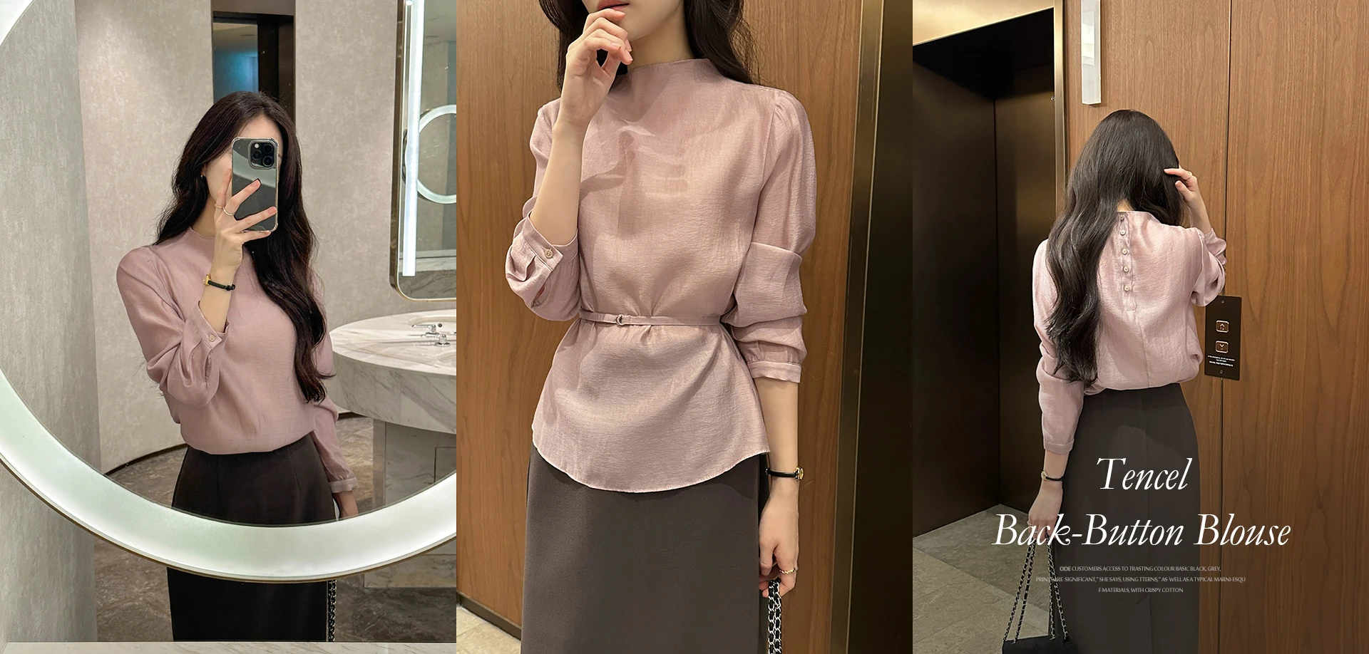  텐셀 반하이넥 백버튼 블라우스(+벨트)