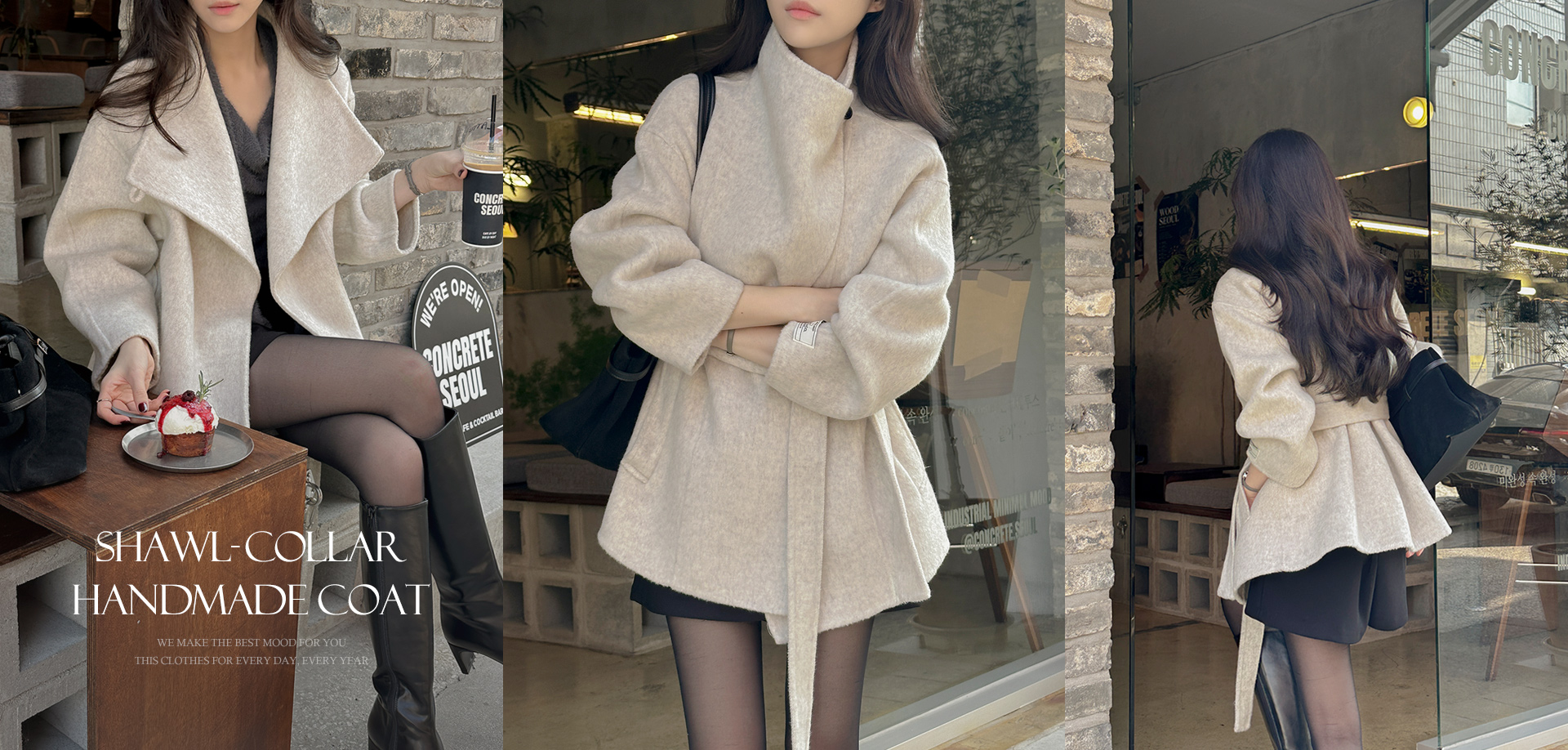  하이넥 숄카라 핸드메이드 하프 코트(+벨트)
