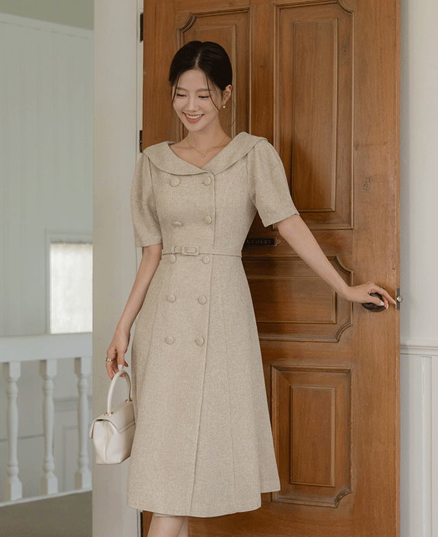 햅번 숄카라 A라인 트위드 원피스(+벨트)