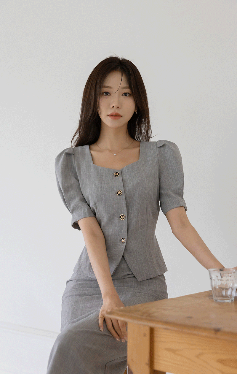 로더 퍼프 소매 허리끈 셋업 자켓