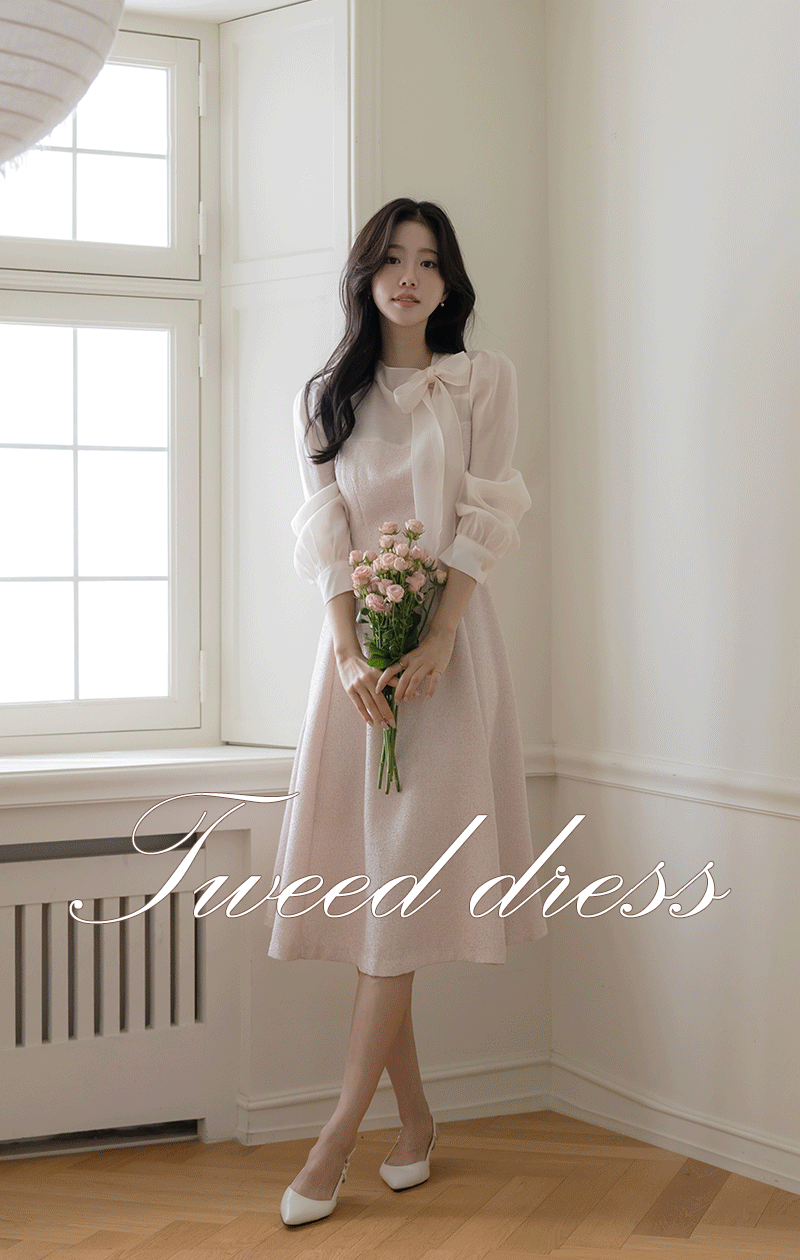 메리 타이넥 배색 트위드 원피스