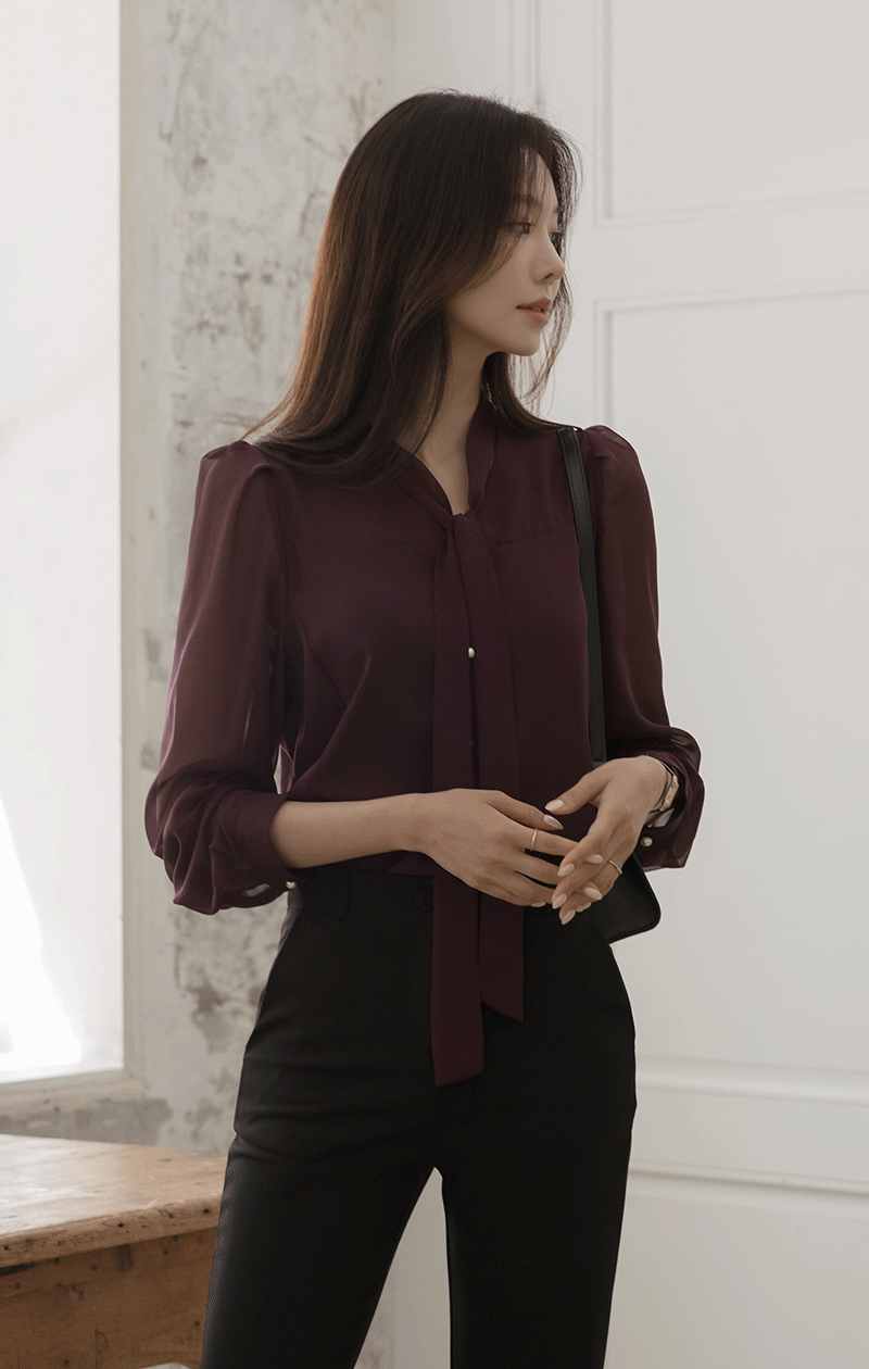  타이넥 소매 시스루 배색 블라우스