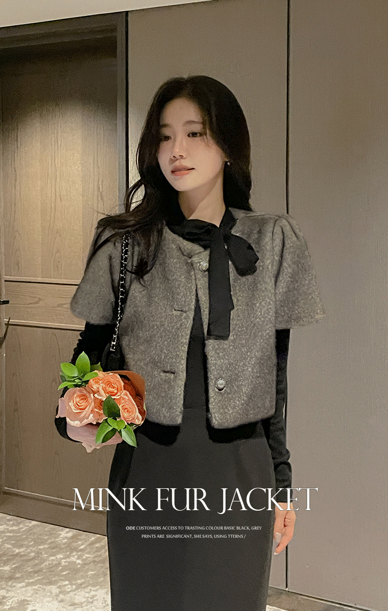 베이 밍크퍼 퍼프 크롭 반팔 자켓