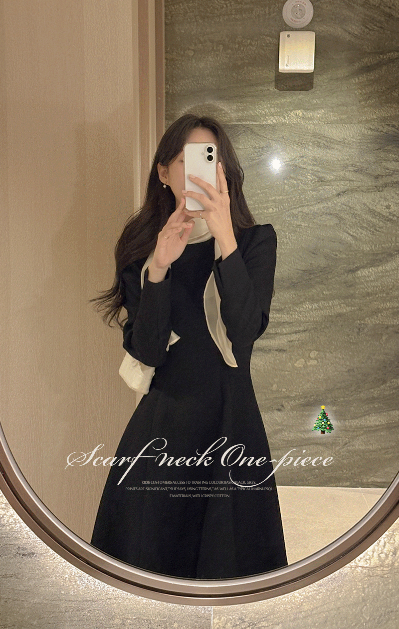 페미닌 스카프넥 트위드 A라인 원피스