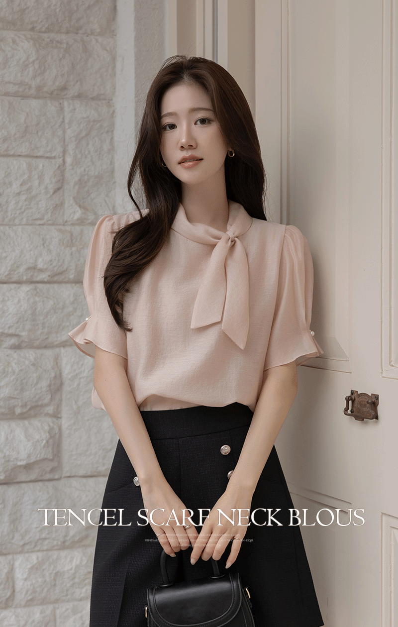 로아 텐셀 스카프넥 반팔 블라우스
