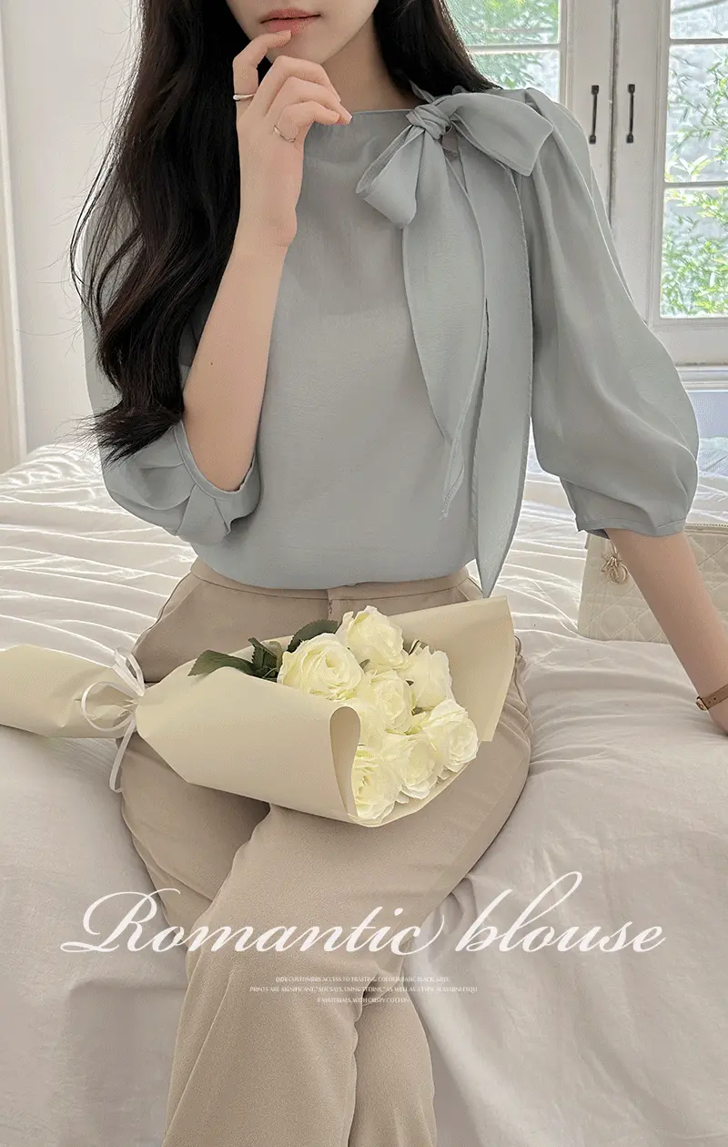 로맨틱 텐셀 리본넥 7부 블라우스Ⅱ