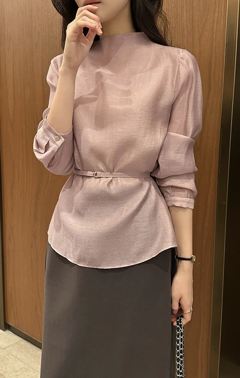  텐셀 반하이넥 백버튼 블라우스(+벨트)